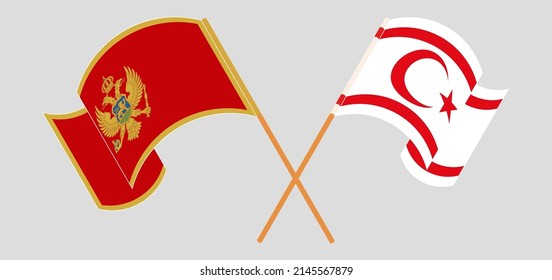 Crossed and waving flags of Montenegro and Northern Cyprus. Vector illustration
