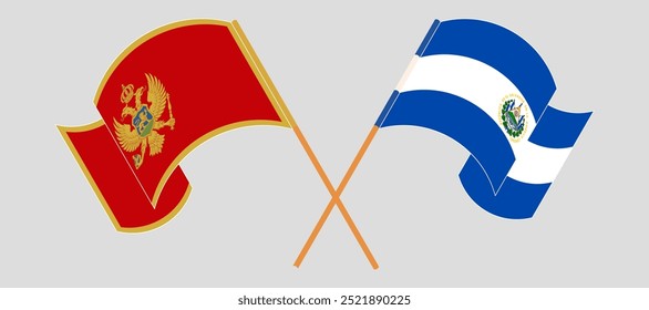 Crossed and waving flags of Montenegro and Republic of El Salvador. Vector illustration.
