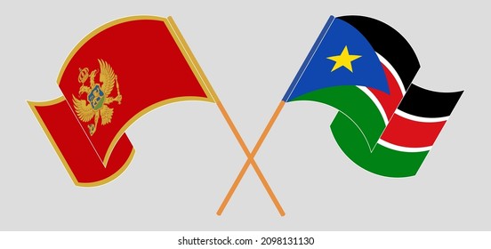 Crossed and waving flags of Montenegro and South Sudan. Vector illustration

