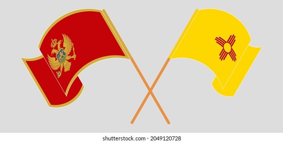 Crossed and waving flags of Montenegro and the State of New Mexico