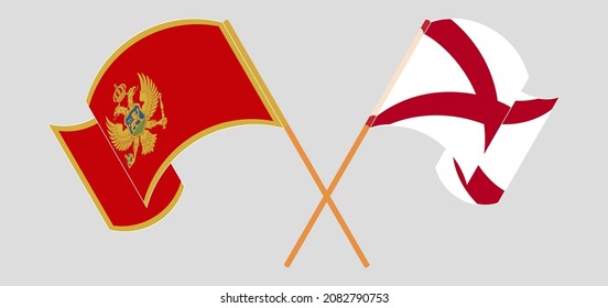 Crossed and waving flags of Montenegro and The State of Alabama. Vector illustration

