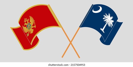 Crossed and waving flags of Montenegro and The State of South Carolina. Vector illustration
