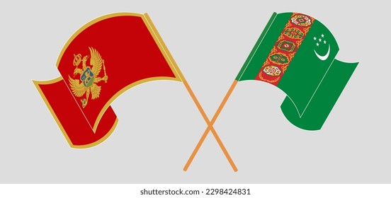 Crossed and waving flags of Montenegro and Turkmenistan. Vector illustration
