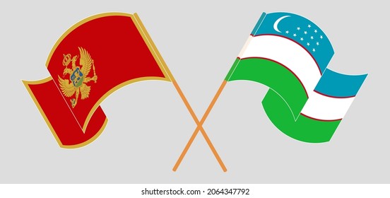 Crossed and waving flags of Montenegro and Uzbekistan
