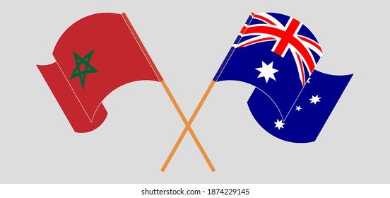 Crossed and waving flags of Morocco and Australia