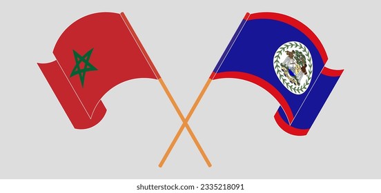 Crossed and waving flags of Morocco and Belize. Vector illustration
