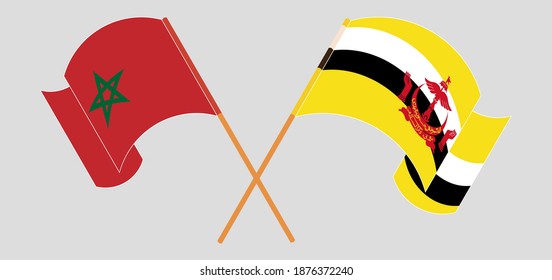Crossed and waving flags of Morocco and Brunei. Vector illustration

