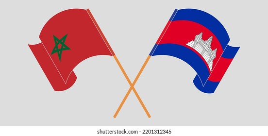 Crossed and waving flags of Morocco and Cambodia. Vector illustration
