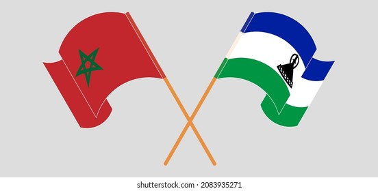 Gekreuzte und wehende Flaggen von Marokko und Königreich Lesotho. Vektorgrafik
