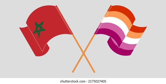 Crossed and waving flags of Morocco and Lesbian Pride