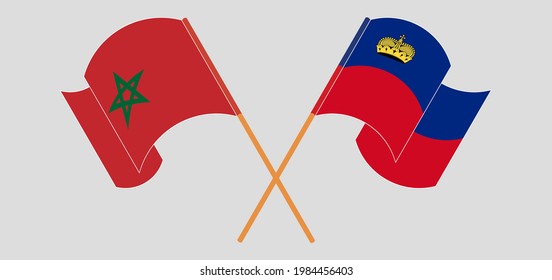 Crossed and waving flags of Morocco and Liechtenstein