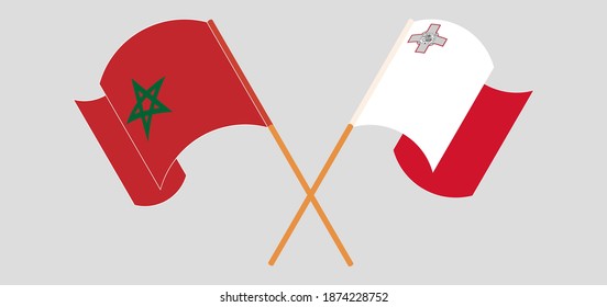 Crossed and waving flags of Morocco and Malta