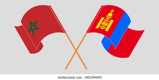 Crossed and waving flags of Morocco and Mongolia
