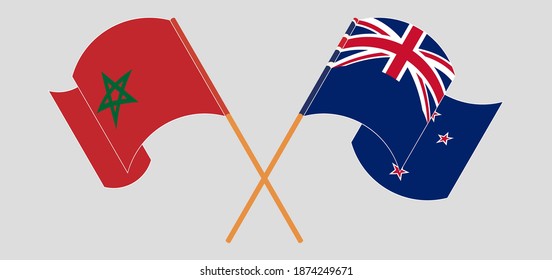 Crossed and waving flags of Morocco and New Zealand