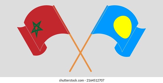 Crossed and waving flags of Morocco and Palau. Vector illustration
