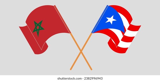 Crossed and waving flags of Morocco and Puerto Rico. Vector illustration
