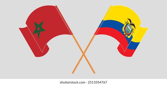 Crossed and waving flags of Morocco and Republic of Ecuador. Vector illustration
