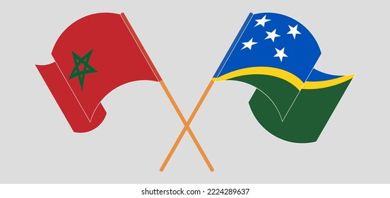 Crossed and waving flags of Morocco and Solomon Islands. Vector illustration
