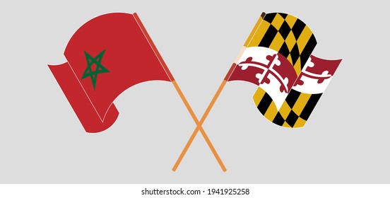 Crossed and waving flags of Morocco and the State of Maryland