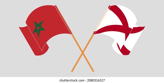 Crossed and waving flags of Morocco and The State of Alabama. Vector illustration
