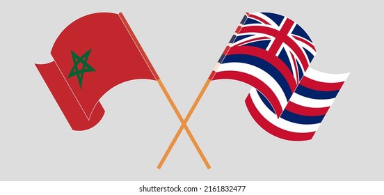 Crossed and waving flags of Morocco and The State Of Hawaii. Vector illustration

