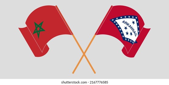 Cruzando y ondeando banderas de Marruecos y El estado de Arkansas. Ilustración del vector
