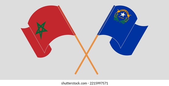 Crossed and waving flags of Morocco and The State of Nevada. Vector illustration
