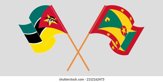 Crossed and waving flags of Mozambique and Grenada. Vector illustration
