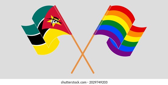 Crossed and waving flags of Mozambique and LGBTQ