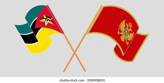 Crossed and waving flags of Mozambique and Montenegro