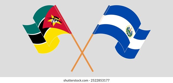 Crossed and waving flags of Mozambique and Republic of El Salvador. Vector illustration.
