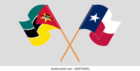 Crossed and waving flags of Mozambique and the State of Texas