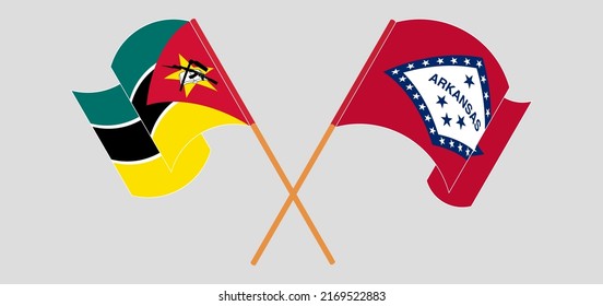 Crossed and waving flags of Mozambique and The State of Arkansas. Vector illustration
