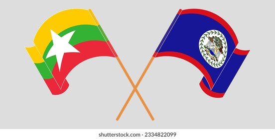 Crossed and waving flags of Myanmar and Belize. Vector illustration
