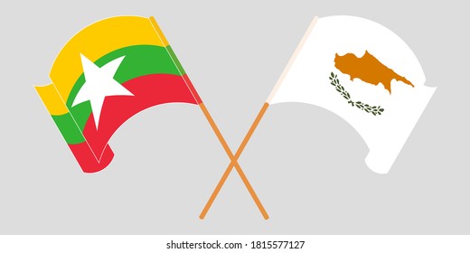 Crossed and waving flags of Myanmar and Cyprus