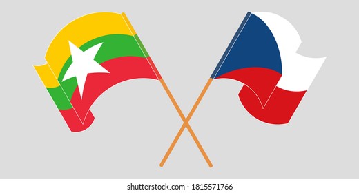 Crossed and waving flags of Myanmar and Czech Republic
