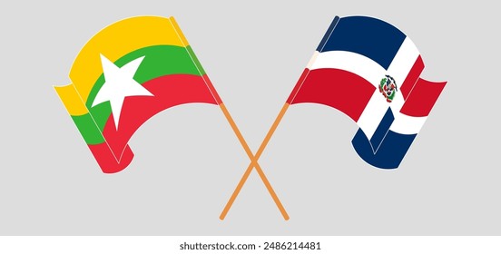 Crossed and waving flags of Myanmar and Dominican Republic. Vector illustration
