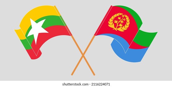Gekreuzte und wehende Flaggen von Myanmar und Eritrea. Vektorgrafik

