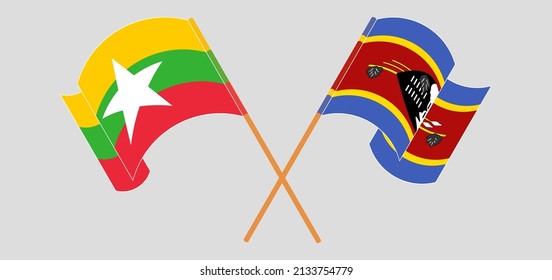 Banderas cruzadas y ondeando banderas de Myanmar y Eswatini. Ilustración del vector

