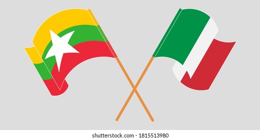 Crossed and waving flags of Myanmar and Italy