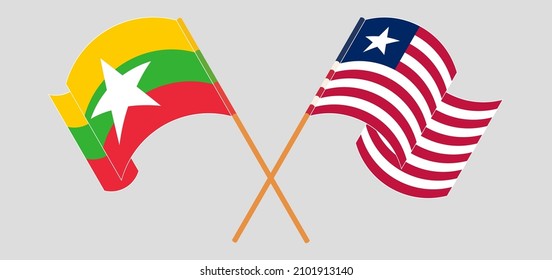 Crossed and waving flags of Myanmar and Liberia. Vector illustration
