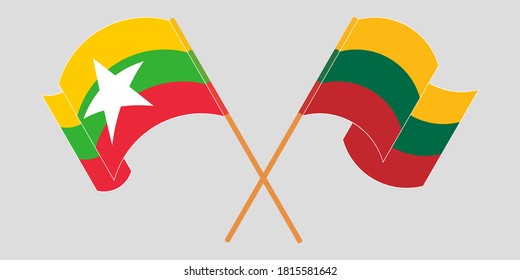 Banderas cruzadas y ondeando banderas de Myanmar y Lituania