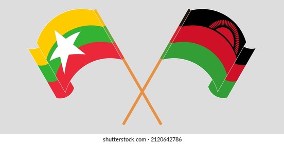 Banderas cruzadas y ondeando banderas de Myanmar y Malawi. Ilustración del vector
