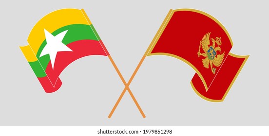 Crossed and waving flags of Myanmar and Montenegro