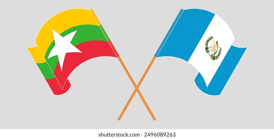 Crossed and waving flags of Myanmar and Republic of Guatemala. Vector illustration
