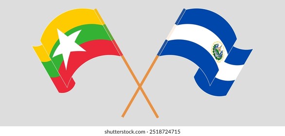 Crossed and waving flags of Myanmar and Republic of El Salvador. Vector illustration.
