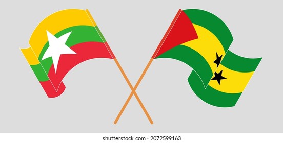 Crossed and waving flags of Myanmar and Sao Tome and Principe