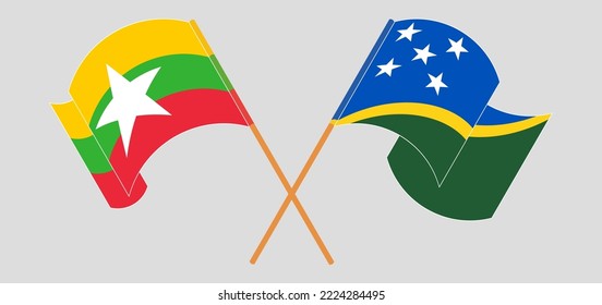 Überquerte und schwellende Flaggen von Myanmar und den Salomonen. Vektorgrafik
