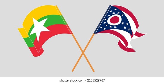 Crossed and waving flags of Myanmar and the State of Ohio. Vector illustration
