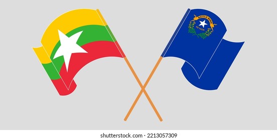 Crossed and waving flags of Myanmar and The State of Nevada. Vector illustration
